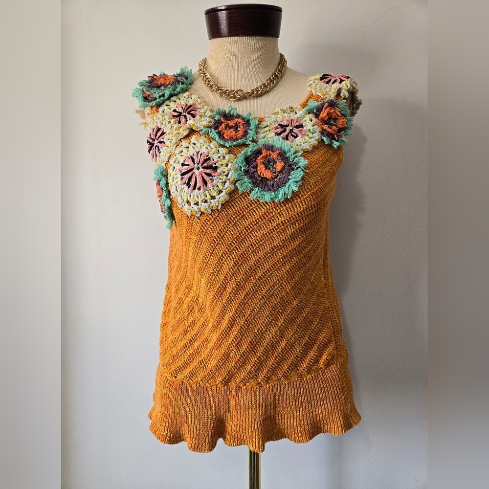 EDIE Cotton And Linen Sleeveless Mustard Crochet Knit Floral Women's Top. Size M
